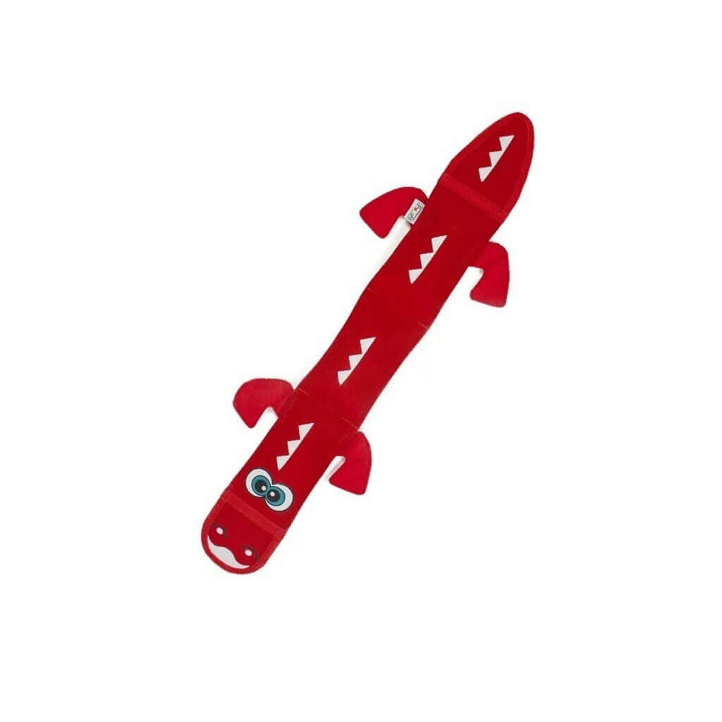 Outward Hound Fire Biterz Dragon red dog toy with three squeakers and durable fire-hose material for tough chewers.