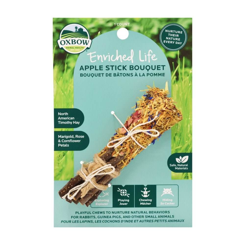 Oxbow Enriched Life Apple Stick Bouquet featuring safe, natural materials for pets, promoting playful behavior and enrichment.