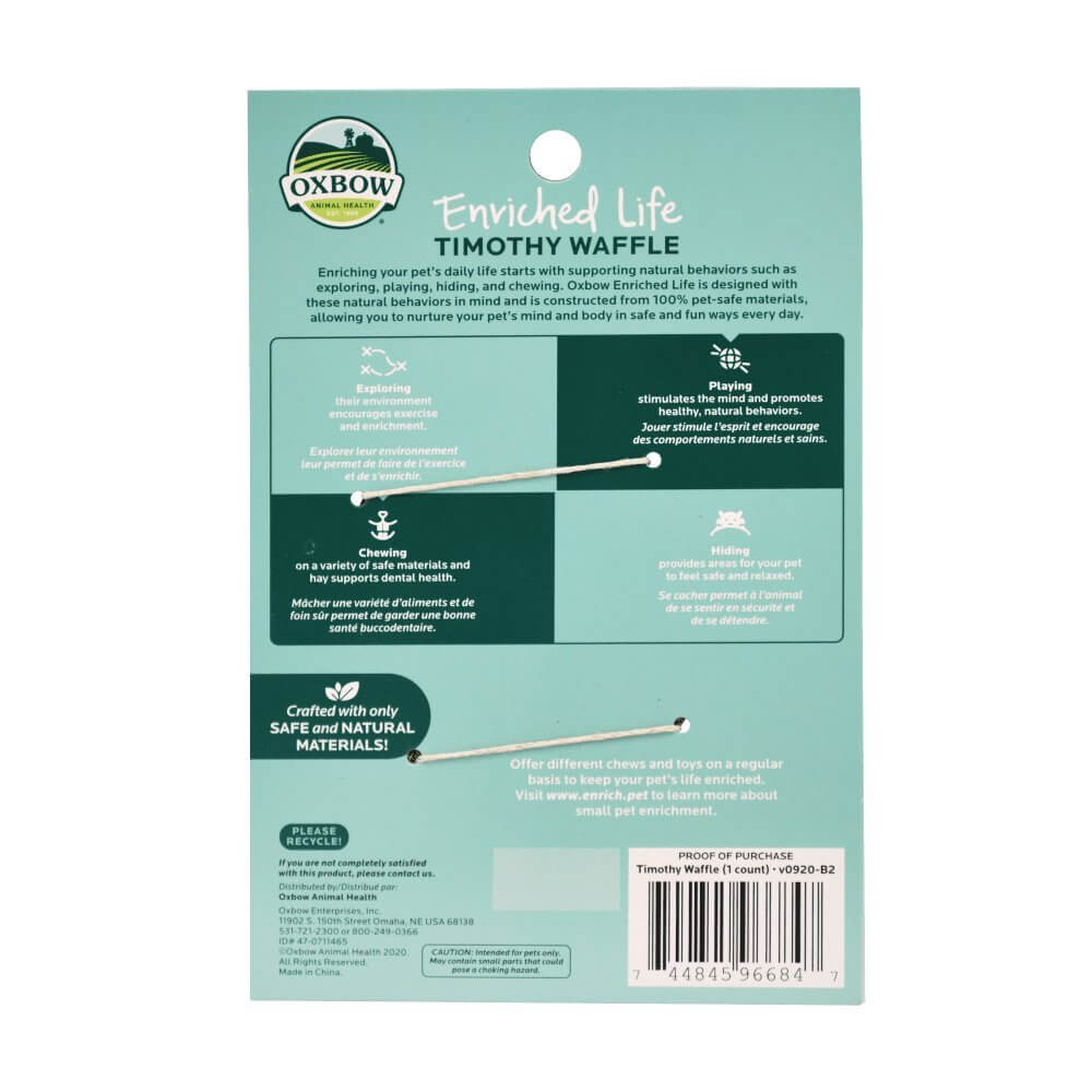 Oxbow Enriched Life Timothy Waffle packaging highlighting pet-safe materials and natural behavior support.