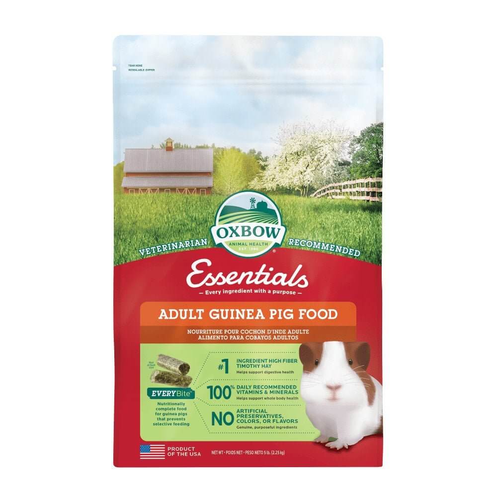Oxbow Essentials Adult Guinea Pig Food bag featuring high-fiber ingredients and Vitamin C, promoting pet health and digestion.