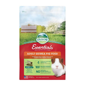 Oxbow Essentials Adult Guinea Pig Food bag featuring high-fiber ingredients and Vitamin C, promoting pet health and digestion.