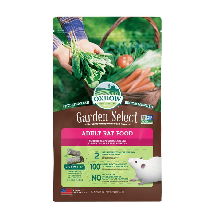 Oxbow Garden Select Adult Rat Food 1.13kg package featuring fresh vegetables, promoting healthy diets for adult rats.