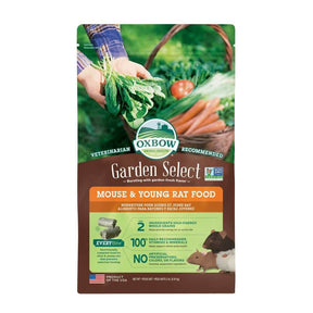 Oxbow Garden Select Mouse & Young Rat Food 910g packaging, featuring fresh vegetables and non-GMO ingredients for healthy growth.