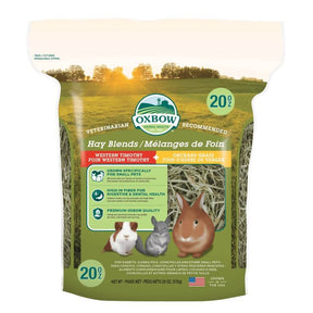 Oxbow Hay Blends featuring Western Timothy and Orchard Grass, ideal for rabbits and small pets' nutrition.