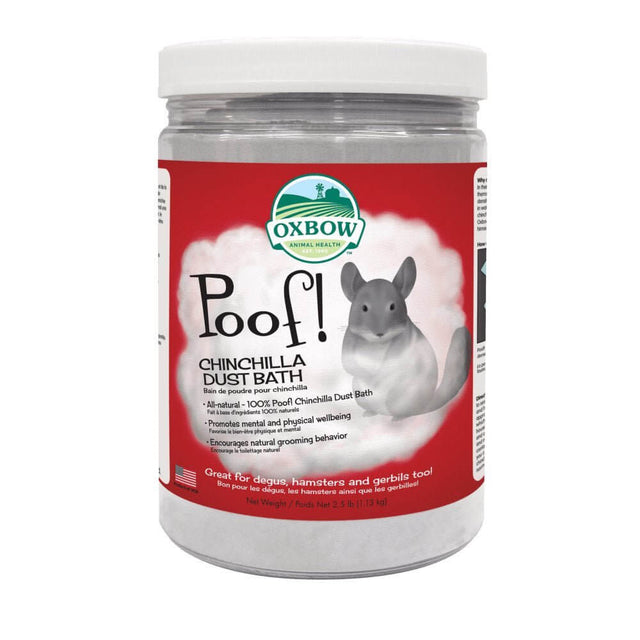 Oxbow POOF! Chinchilla Dust Bath 1.13kg, promotes natural grooming and well-being for chinchillas and small pets.