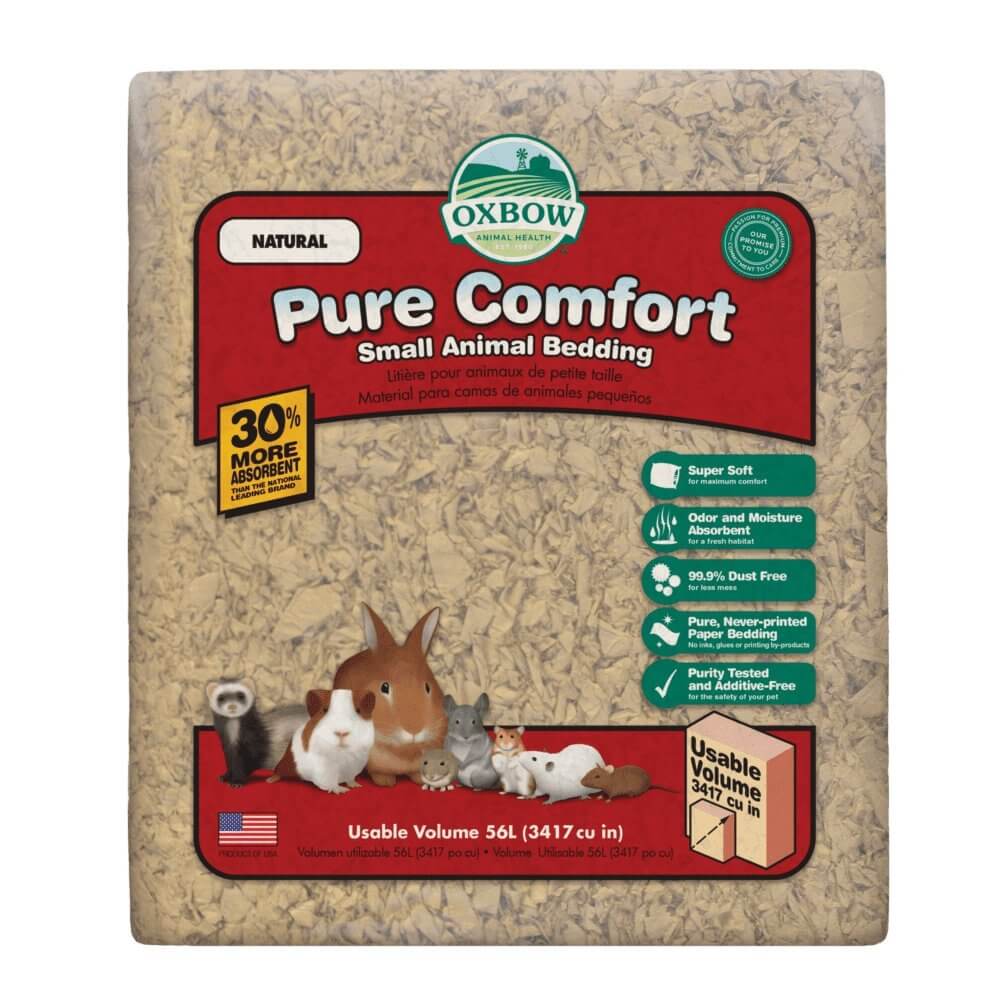 Oxbow Pure Comfort Natural Bedding package for small animals, showcasing soft, absorbent bedding with odor control features.