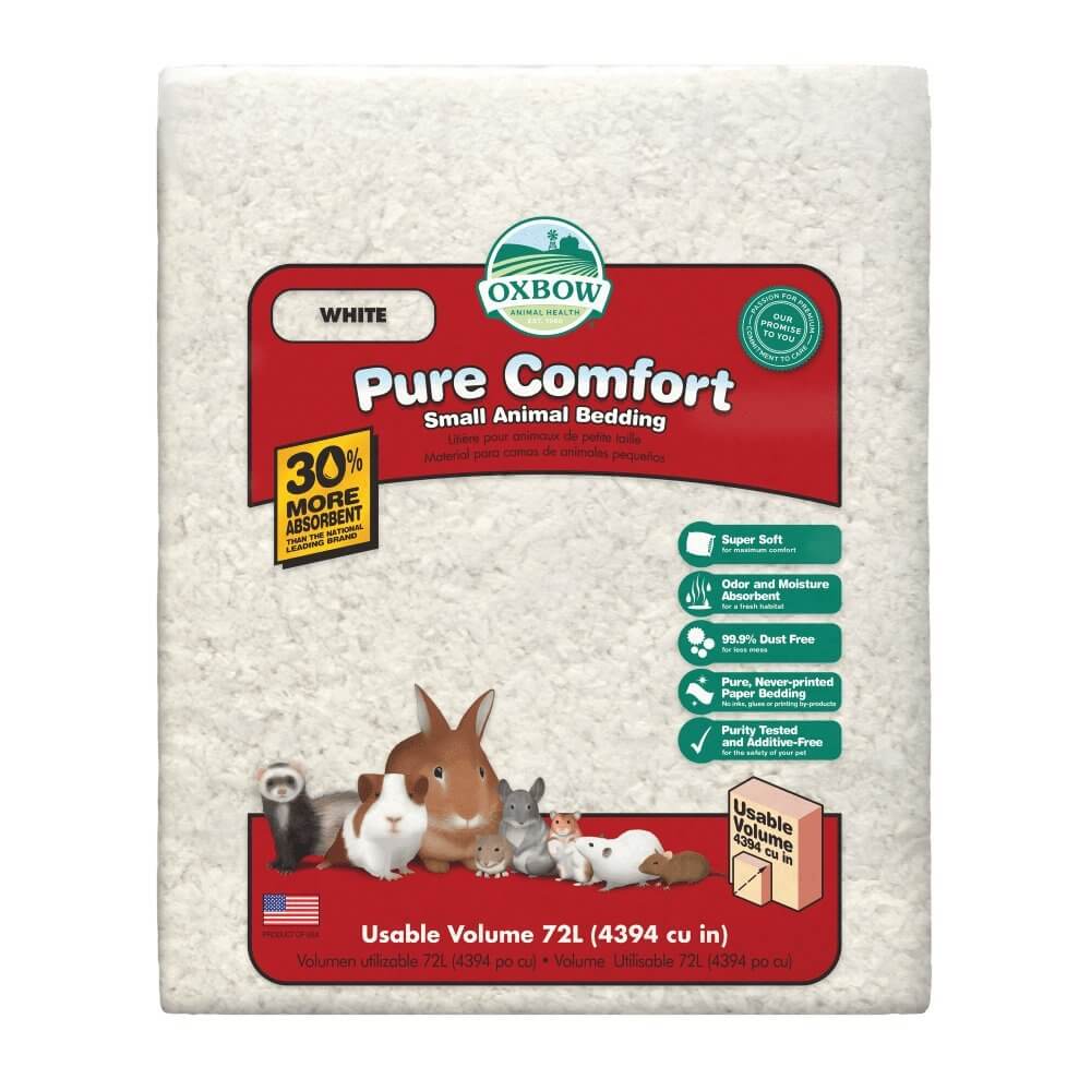 Oxbow Pure Comfort White Bedding packaging, 100% pure paper, absorbent for small animals, clean and soft bedding solution.