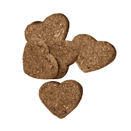 Heart-shaped baked treats made with apple and banana for small pets like rabbits and guinea pigs.