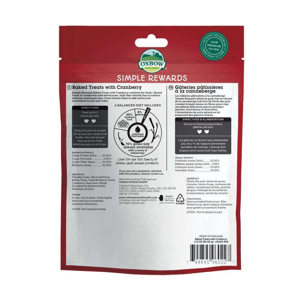 Oxbow Simple Rewards Baked Treats with Cranberry packaging, featuring instructions and nutrition details for small pets.