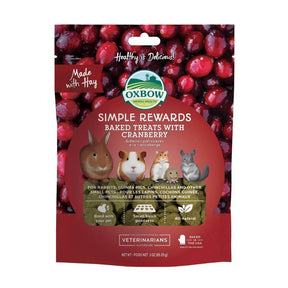Oxbow Simple Rewards Baked Treats with Cranberry 85g packaging, featuring small pets and cranberries for wholesome nutrition.