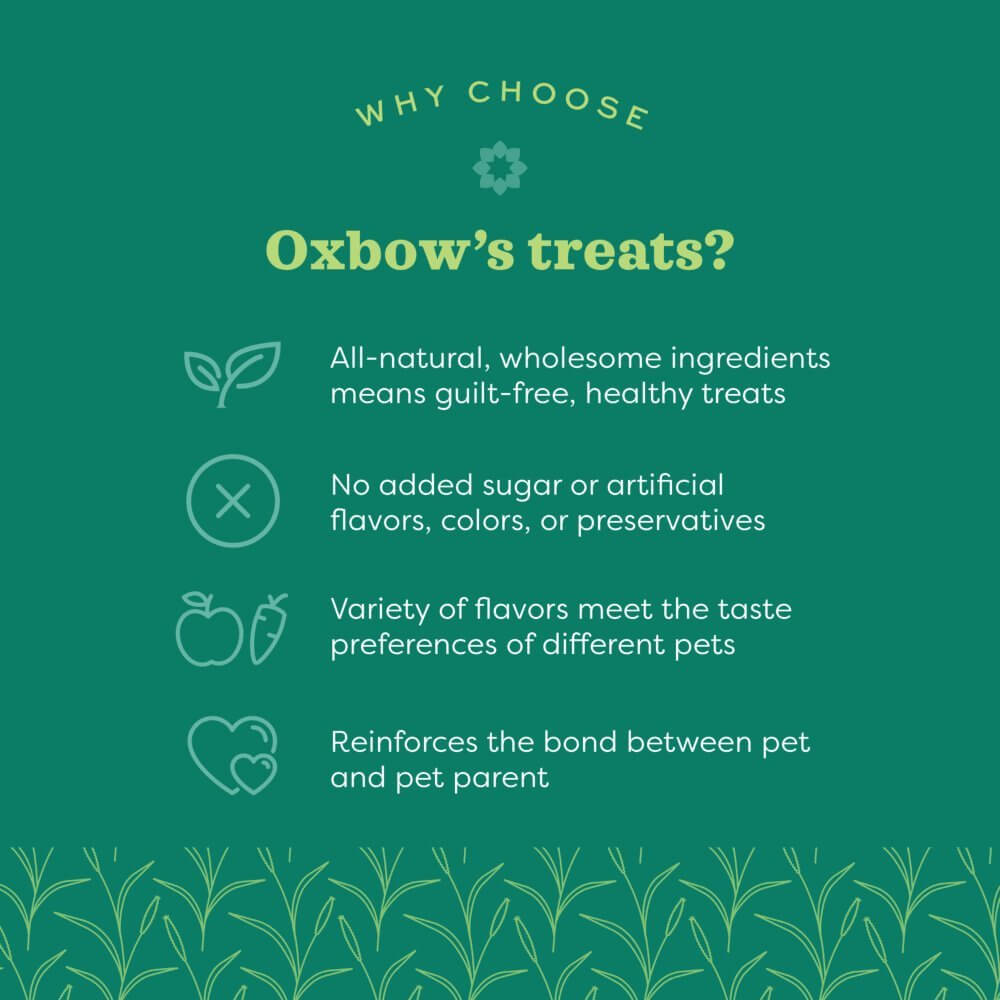 Oxbow treats benefits graphic highlighting natural ingredients, no additives, flavor variety, and pet bond reinforcement.