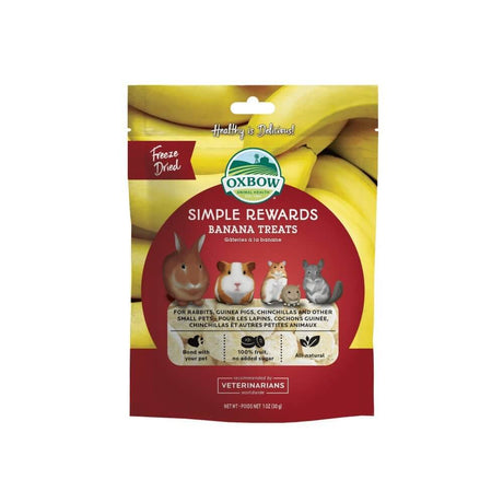 Oxbow Simple Rewards Freeze-Dried Banana Treats package for small pets like rabbits and guinea pigs, 30g.