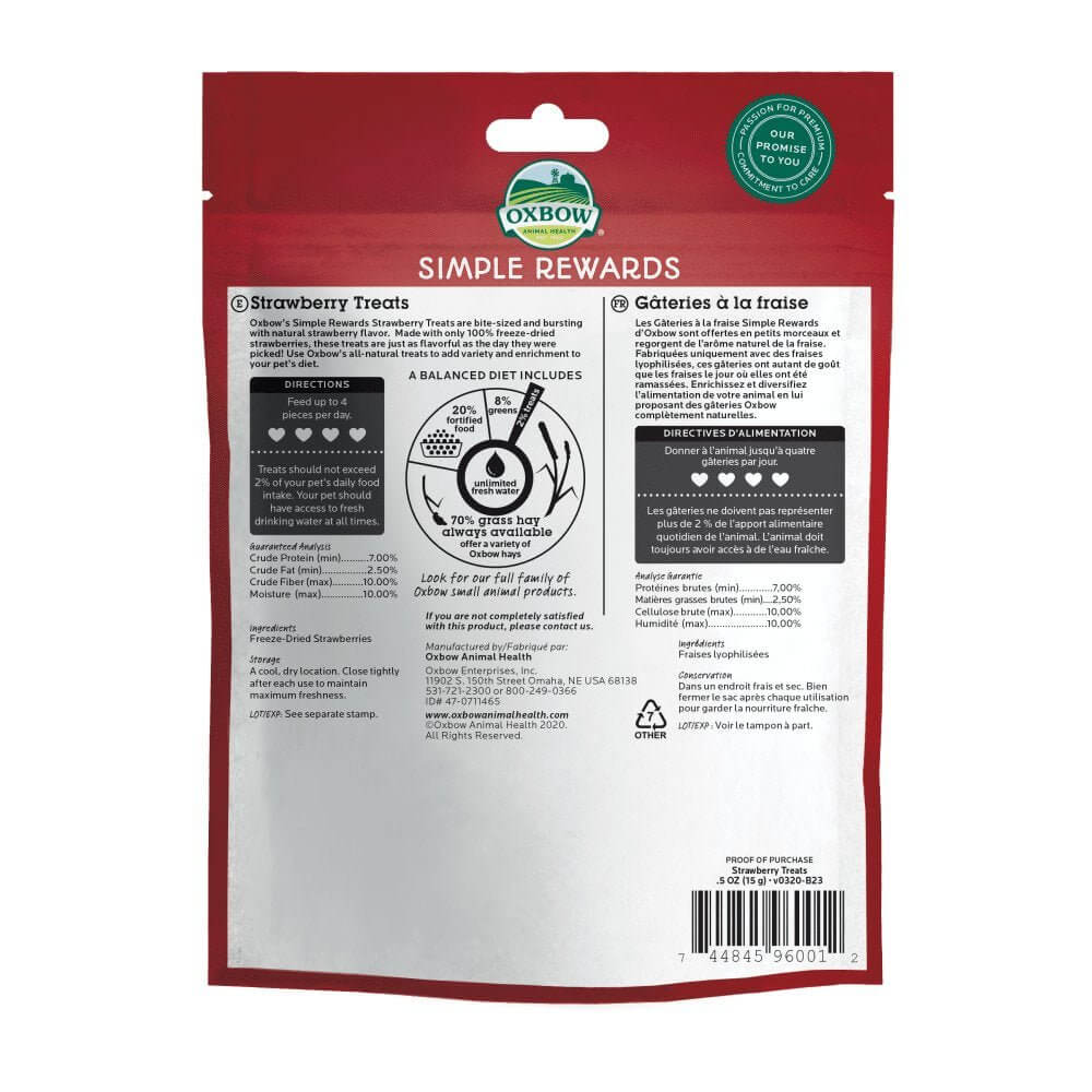 Oxbow Simple Rewards Strawberry Treats back packaging with nutritional information and feeding guidelines.