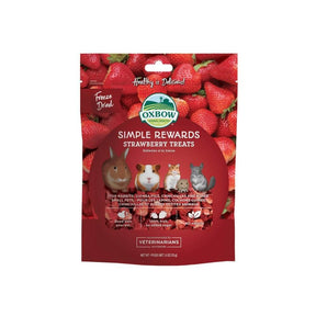 Oxbow Simple Rewards Strawberry Treats package for rabbits, guinea pigs, and small animals, featuring freeze-dried strawberries.
