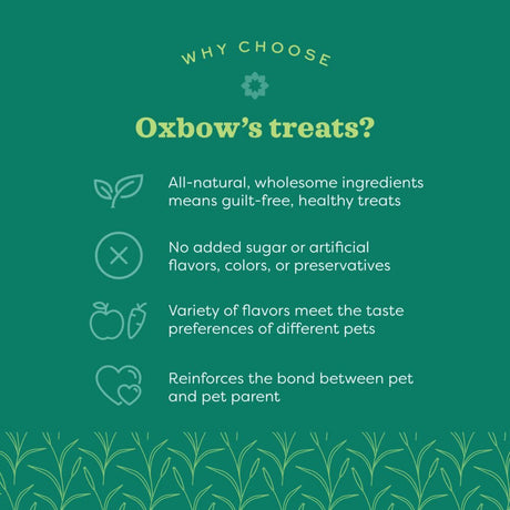 Oxbow treats benefits infographic highlighting all-natural ingredients, no added sugars, and flavor variety for pets.