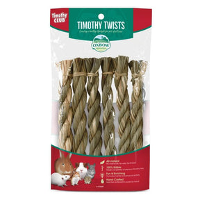 Oxbow Timothy Club Timothy Twists 6 pack, hand-woven chew treats for small pets like rabbits and guinea pigs.