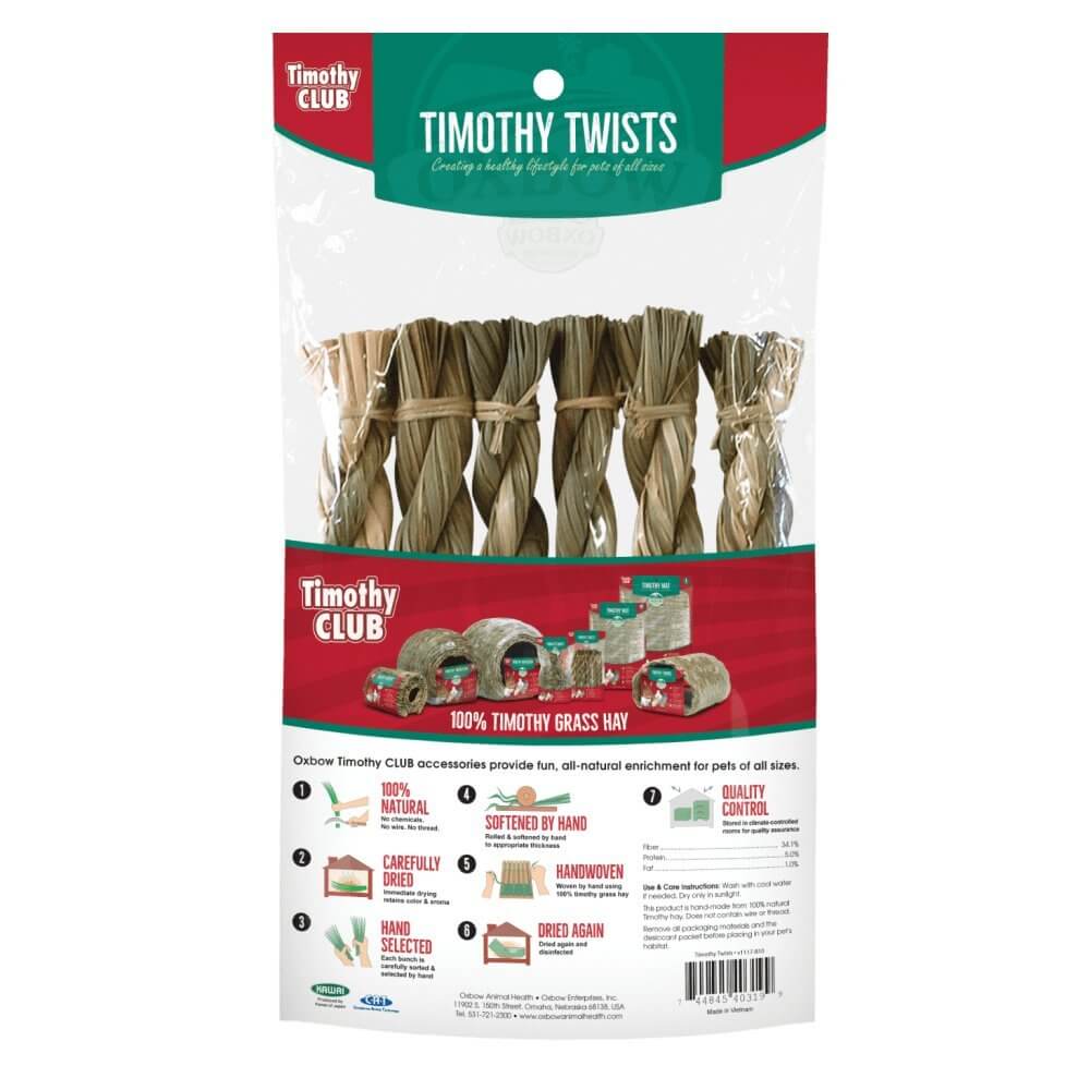 Oxbow Timothy Club Timothy Twists 6 Pack, hand-woven chew toys for small pets, made from 100% premium grass hay.