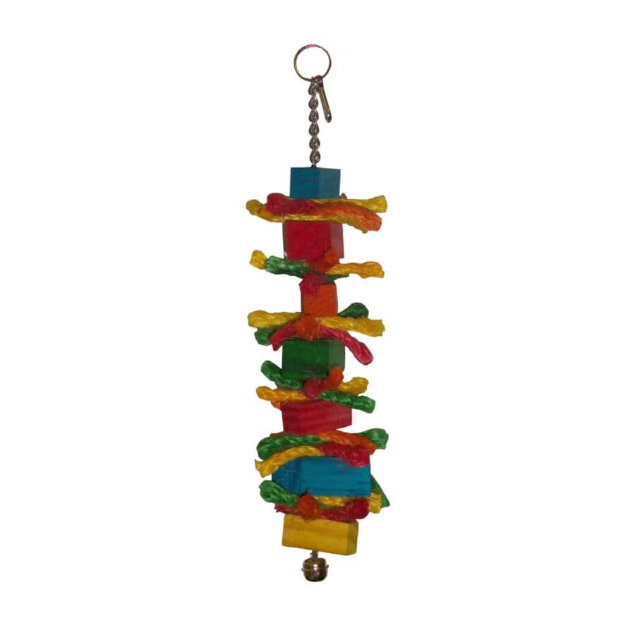 Colorful wooden bird toy with ropes for parakeets, promoting play and chewing habits. Ideal for feathered friends.