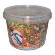 Parrot Gourmet Food Bucket filled with colorful seeds and tropical fruits, ideal for parrots, cockatiels, and lovebirds.