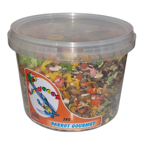 Parrot Gourmet Food Bucket filled with colorful seeds and tropical fruits, ideal for parrots, cockatiels, and lovebirds.