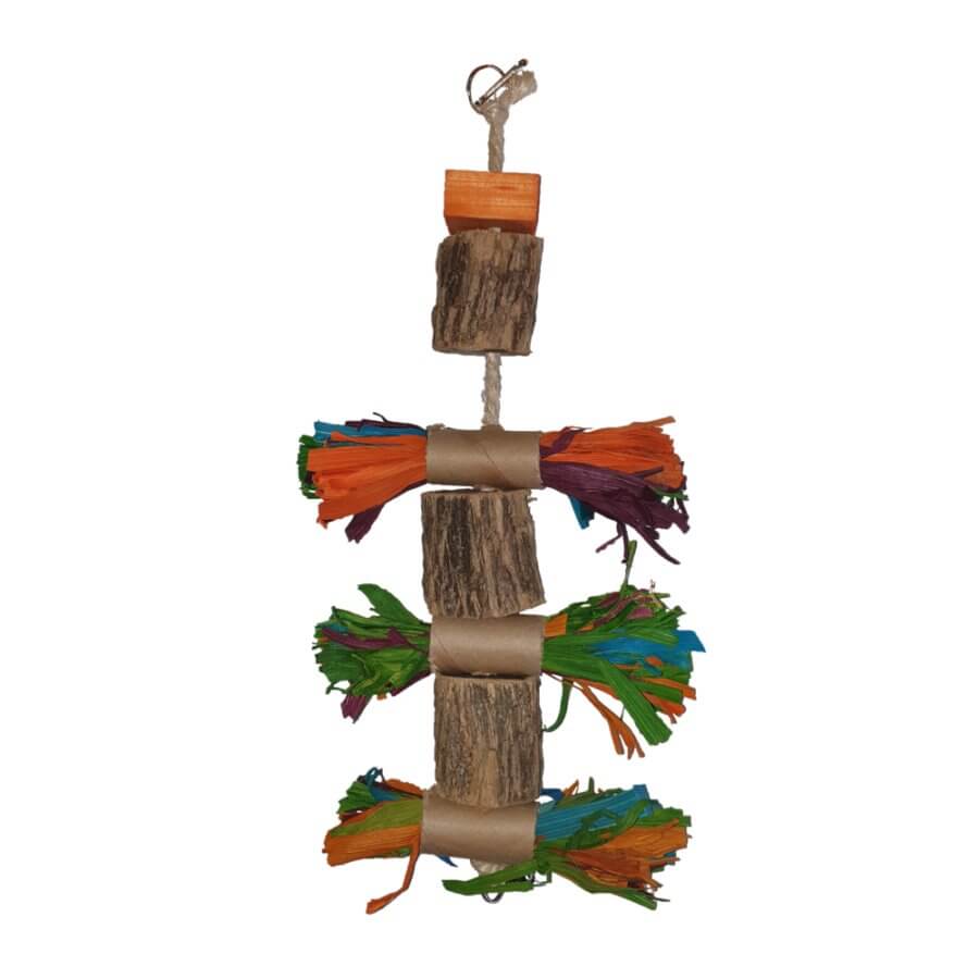 Parrot Shredding Toy #1 featuring colorful paper and natural wood elements for safe chewing and play.