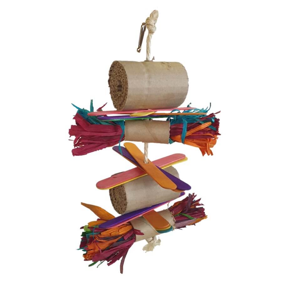 Parrot Shredding Toy #5 with colorful paper, cardboard rolls, and wooden sticks, perfect for playful beaked pets.