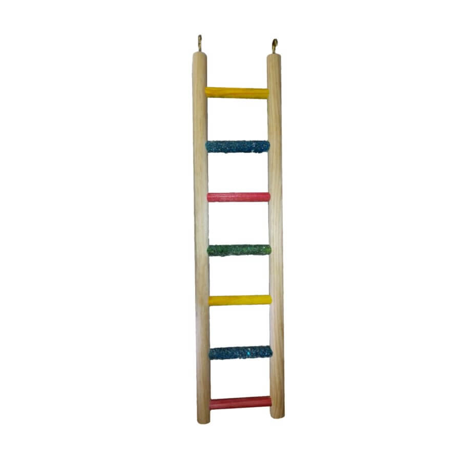 Wooden parrot ladder featuring colorful sand perch steps for playful nail maintenance and foot stimulation.