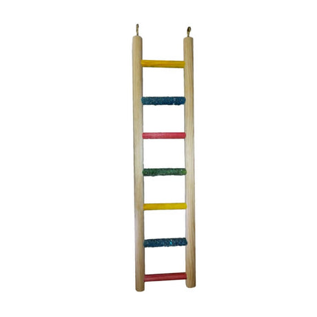 Wooden parrot ladder featuring colorful sand perch steps for playful nail maintenance and foot stimulation.