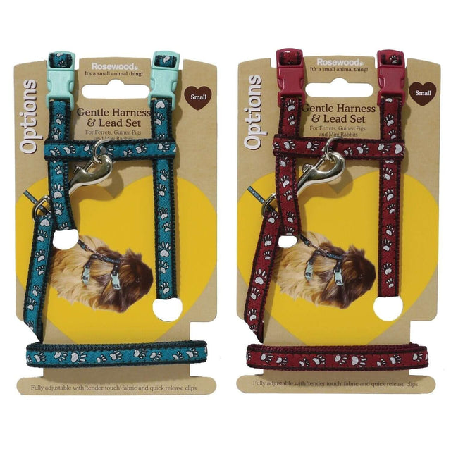 Paw print small animal harness and lead set in blue and red, perfect for ferrets, guinea pigs, and small rabbits.