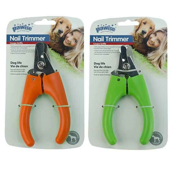 Pawise dog nail clippers in orange and green packaging, featuring ergonomic handles for easy pet grooming.