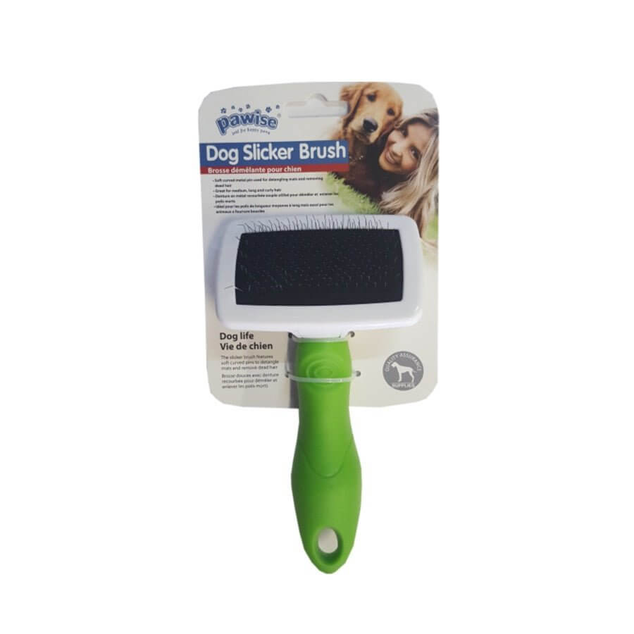 Pawise Dog Slicker Brush for pet grooming, featuring a soft curved pin for detangling and removing dead hair.