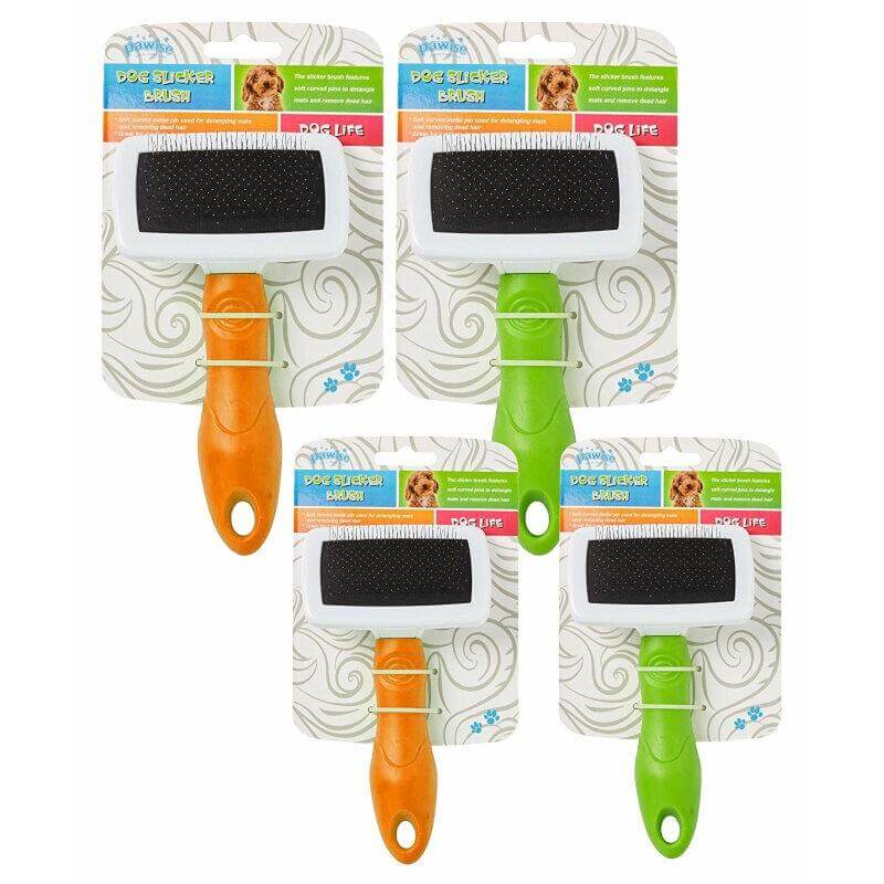 Set of Pawise dog slicker brushes in orange and green, designed for grooming medium, long, and curly haired dogs.