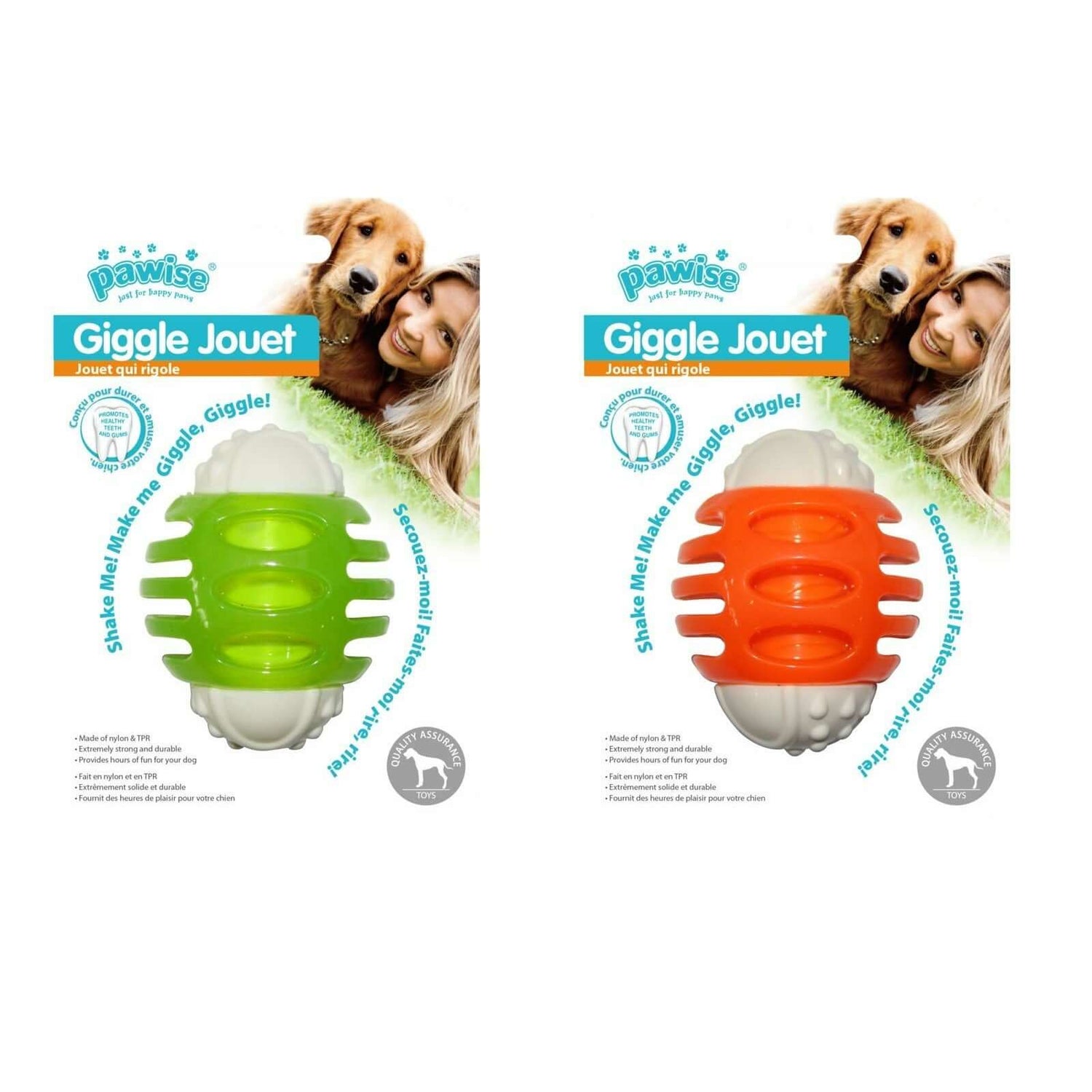 Pawise Giggle Jouet Ball in green and orange, durable dog toy with squawker for playful dogs. Perfect for fun and exercise.