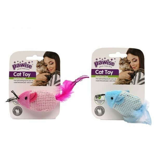 Pawise Plush Mice Toy for cats in pink and blue, packaged with a cat and owner, perfect for interactive playtime.