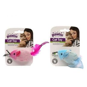 Pawise Plush Mice Toy for cats in pink and blue, packaged with a cat and owner, perfect for interactive playtime.