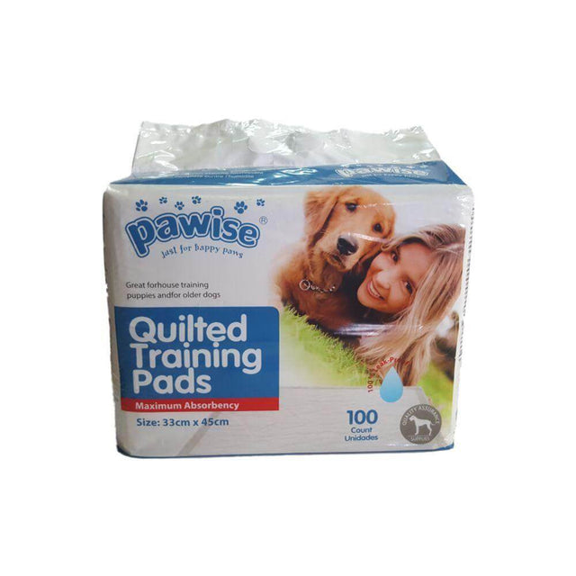 Pawise Quilted Puppy Training Pads pack, 100 count, 33cm x 45cm, designed for maximum absorbency and puppy training needs.