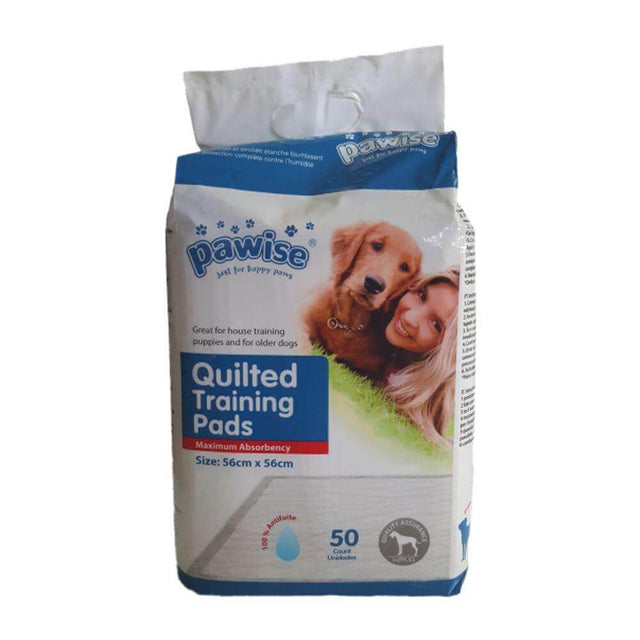 Pawise Quilted Puppy Training Pads pack, 50 count, 56x56cm, designed for house training puppies and older dogs.