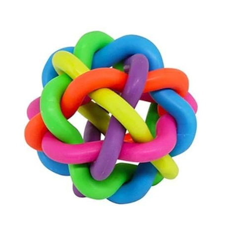 Colorful and durable Pawise Rainbow World chew ball for dogs, designed for safe play and dental cleaning.