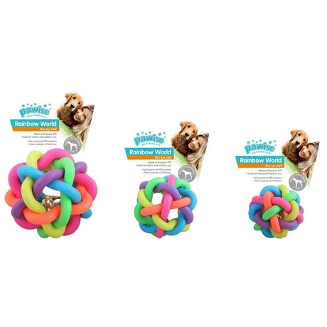 Colorful Pawise Rainbow World balls for dogs, promoting safe play and dental health in various sizes.