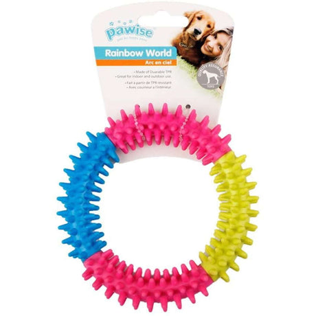 Colorful Pawise Rainbow World Coronule dog toy, durable rubber chew toy for fun indoor and outdoor play.