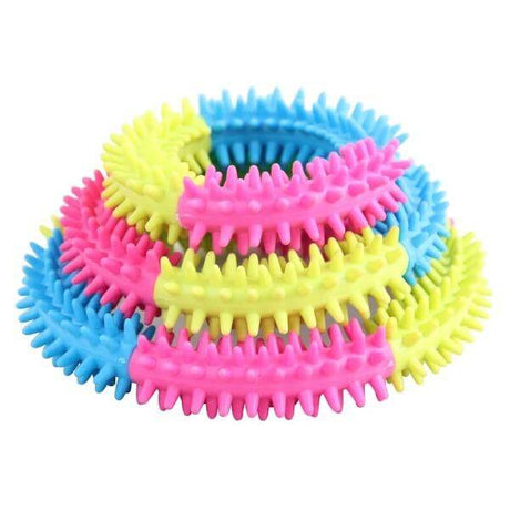 Colorful Pawise Rainbow World Coronule dog toy, a durable rubber chew toy for indoor and outdoor play.