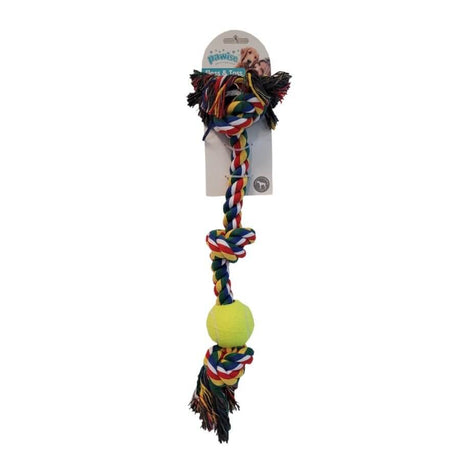 Pawise Rope Bone with Knots and Tennis Ball, durable dog toy for healthy teeth and gums, suitable for indoor and outdoor play.