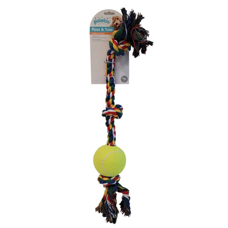 Pawise Rope Bone with Tennis Ball, durable dog toy for dental health and tugging fun, eco-friendly and safe for dogs.
