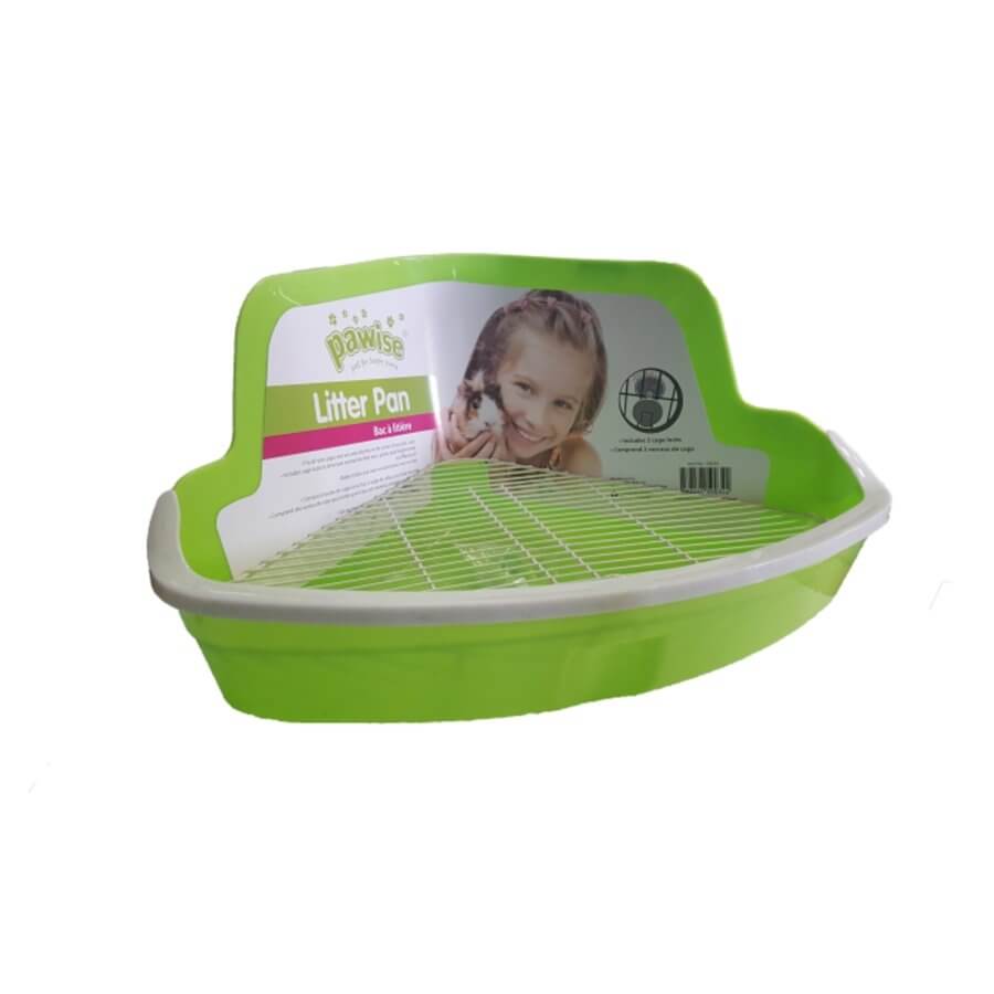 Pawise Small Animal Toilet Litter Pan in green, durable and easy-to-clean design, angled for corner placement in cages.