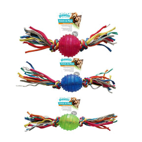 Pawise TPR ball with rope in red, blue, and green, ideal for small dogs to fetch and tug during playtime.
