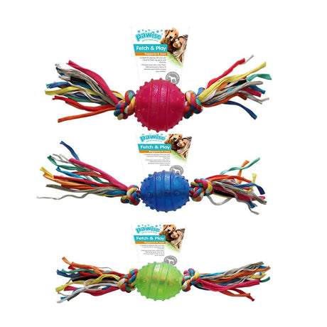 Pawise TPR ball with rope in red, blue, and green, ideal for small dogs to fetch and tug during playtime.