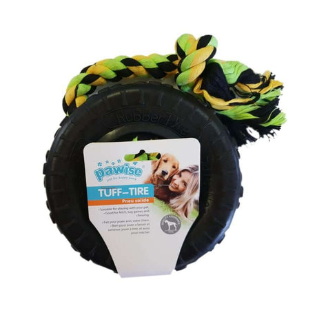 Pawise Tuff Tyre with Rope Toys for dogs, featuring durable rubber and cotton rope for chewing and tugging.