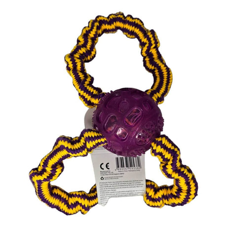 Pawise Tug-O-Play Ball with Rope Dog Toy in purple and yellow, ideal for dental care and fun playtime for dogs.