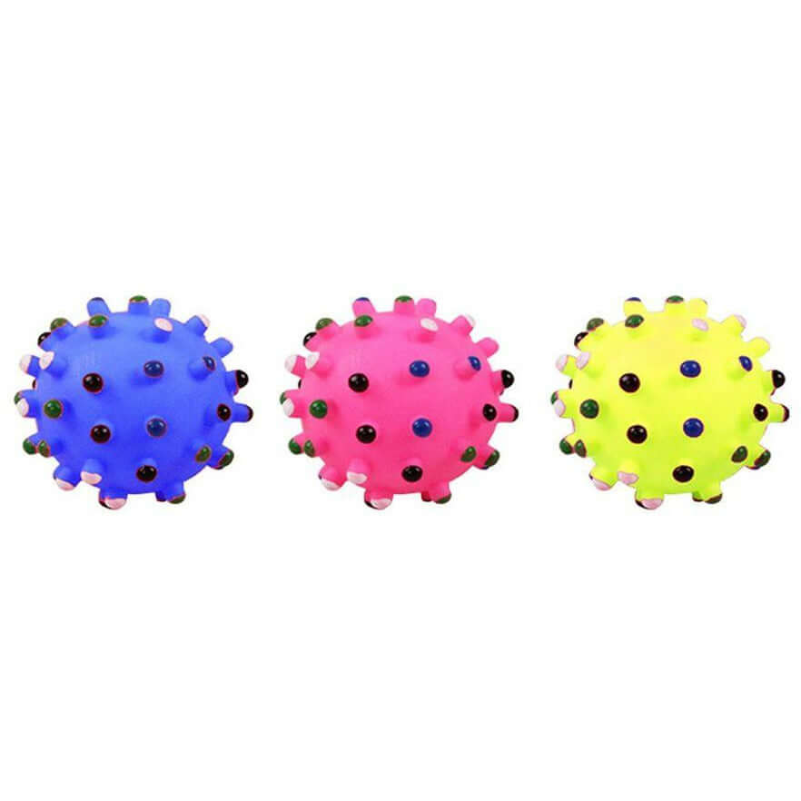 Colorful Pawise Vinyl Spiky Dot Balls in blue, pink, and yellow for dogs with spiky textures and glow features.