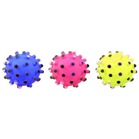 Colorful Pawise Vinyl Spiky Dot Balls in blue, pink, and yellow for dogs with spiky textures and glow features.